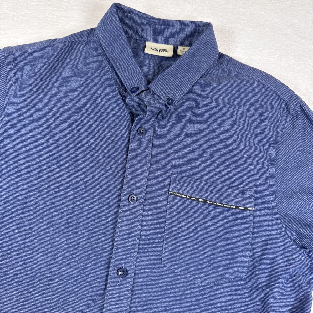 Vans Mens Small Button Up Shirt Blue Stripe Off The Wall Short Sleeve